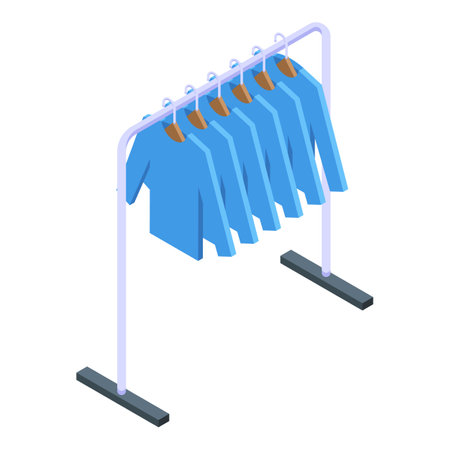 Metal rail clothes rail with hangers holding blue shirts isometric icon isolated on white backgroundのイラスト素材
