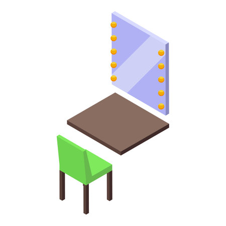 Makeup artist furniture including a mirror with light bulbs, a chair and a table, isometric viewのイラスト素材