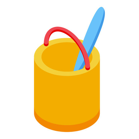 Yellow sand bucket with a red handle and a blue shovel inside, illustrating a fun summer activityのイラスト素材