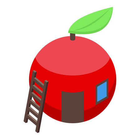Red apple shaped house with wooden door and ladder leaning on it, isolated on white backgroundのイラスト素材