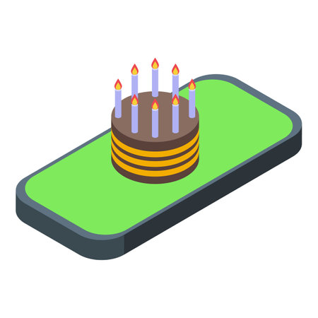 Chocolate cake with burning candles is displaying on smartphone screen, online birthday party conceptのイラスト素材