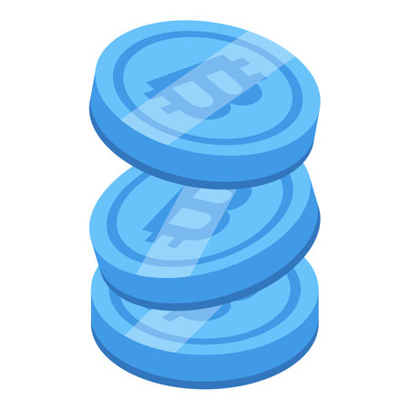 Stack of blue bitcoin coins is growing up isolated on white backgroundのイラスト素材