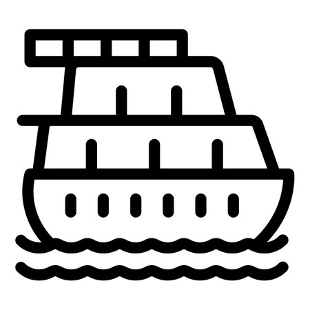 Ferry boat sailing on water waves, simple black and white transportation iconのイラスト素材