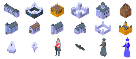 Old castle ghosts icons set. Isometric set of icons including different castles, churches, a dracula, a bat, ghosts and witchesのイラスト素材