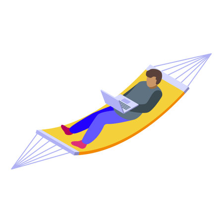 Freelancer is working remotely, lying in a hammock with his laptop on a tropical islandのイラスト素材