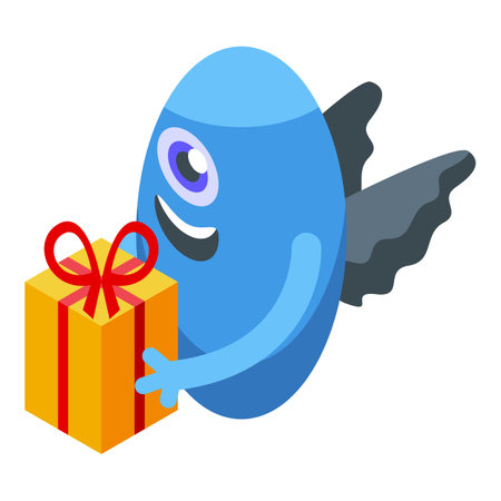 Blue cartoon monster holding a gift box with a red ribbon isometric icon, for birthday or celebration related designのイラスト素材