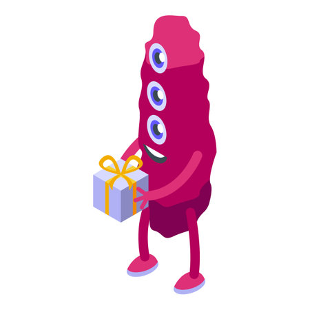 Purple monster with three eyes is holding a wrapped present with a yellow ribbonのイラスト素材