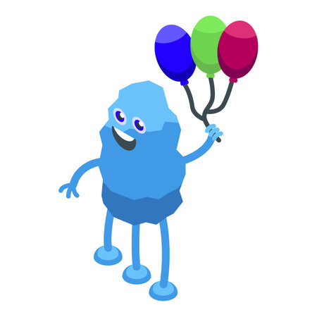 Friendly, smiling, blue cartoon monster holding colorful balloonsのイラスト素材