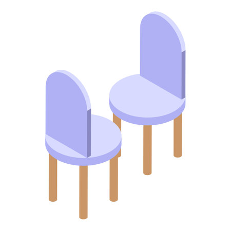 Two modern round back blue chairs with wooden legs standing on white background, isometric viewのイラスト素材