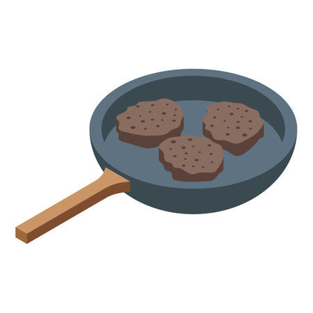 Frying pan cooking three burger patties in isometric viewのイラスト素材