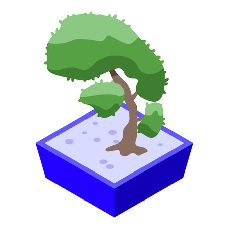 Isometric illustration of a small green bonsai tree growing in a blue potのイラスト素材