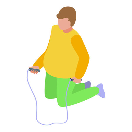 Overweight boy kneeling and holding jump rope handles, preparing to start exercisingのイラスト素材