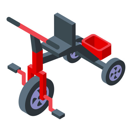 Red tricycle with pedals and a storage box, shown in an isometric viewのイラスト素材