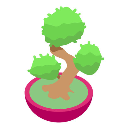 Bonsai tree in a round pot with a curved trunk growing green leavesのイラスト素材