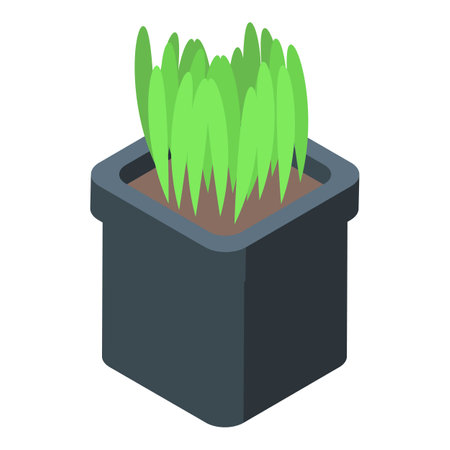 Green grass growing in a gray pot from an isometric point of view, perfect for illustrations or infographicsのイラスト素材