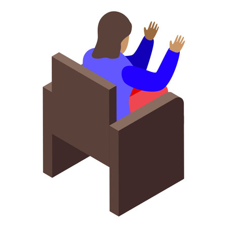 Woman sitting on chair raising hands back view isometricのイラスト素材