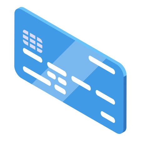 Blue credit card with chip lying on a white background in isometric viewのイラスト素材