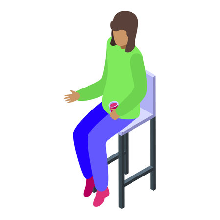 Young woman sitting on a high stool holding a drink isometric illustrationのイラスト素材