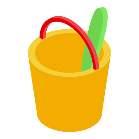 Yellow bucket and shovel standing on white background, isometric viewのイラスト素材