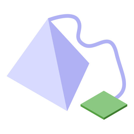 Pyramid shaped tea bag is hanging with a label attachedのイラスト素材