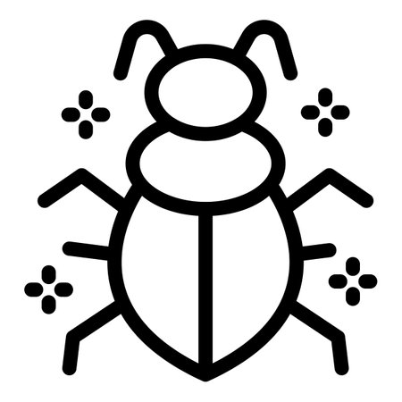 Simple line drawing of a bug surrounded by stylized stars representing disinfection or pest controlのイラスト素材