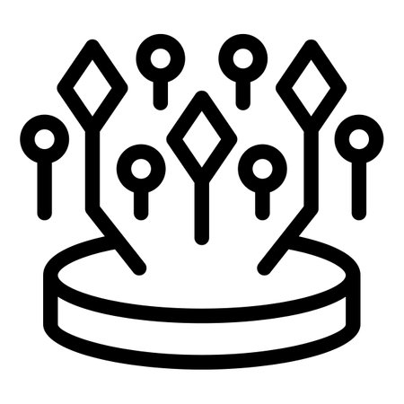 Line icon representing data mining, showing data points connecting to a central platformのイラスト素材