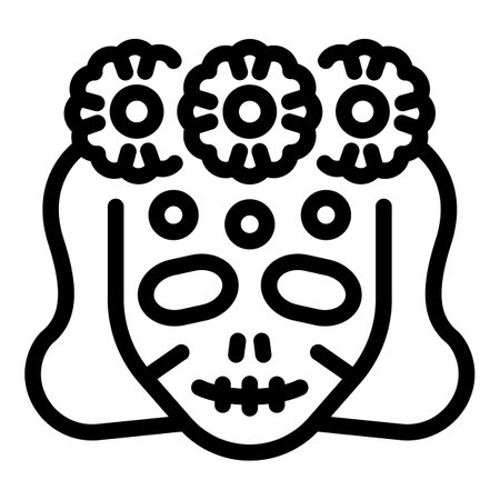 Simple black and white line art illustration of a sugar skull wearing a flower crownのイラスト素材