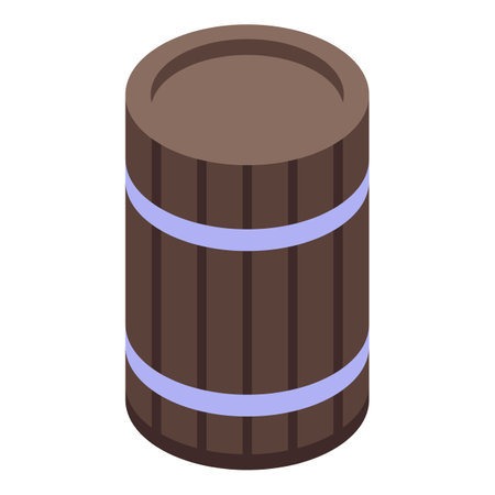 Simple wooden barrel with metallic hoops is standing on a white backgroundのイラスト素材