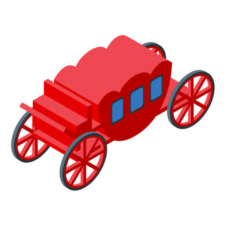 Red coach with blue windows is standing still, showcasing the charm of old fashioned transportationのイラスト素材