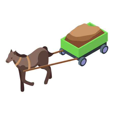Horse pulling a loaded wooden cart on a white backgroundのイラスト素材