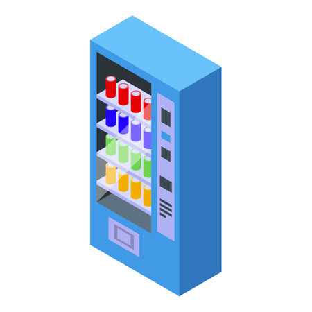 Blue vending machine containing rows of colorful aluminum cans, offering a refreshing selectionのイラスト素材