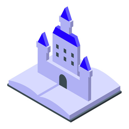 Isometric icon of a castle appearing from an open book, representing the concept of fantasy storiesのイラスト素材