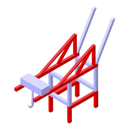 Red harbor crane lifting up heavy cargo container, industrial seaport infrastructure element isometric iconのイラスト素材