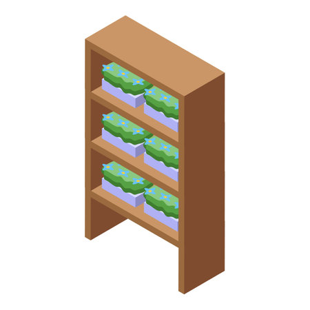 Wooden shelving unit is displaying several identical potted plants with blue flowers on each shelfのイラスト素材