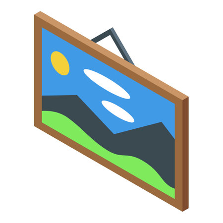 Isometric picture frame hanging on wall showing mountain landscape paintingのイラスト素材