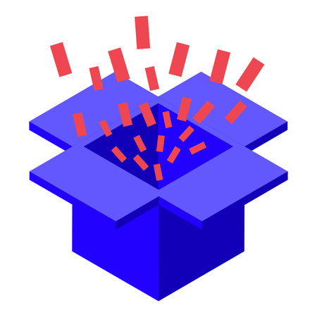 Blue open cardboard box with abstract confetti exploding from inside isometric viewのイラスト素材