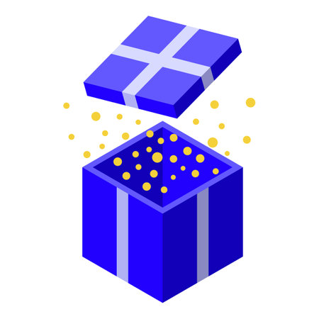 Blue gift box opening, revealing a burst of golden confetti, creating a festive and celebratory atmosphereのイラスト素材