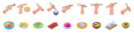Hands holding chopsticks icons set. This isometric icon set illustrates various asian cuisines being enjoyed with chopsticksのイラスト素材
