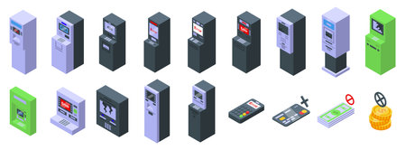 Broken ATM icons set. This is a set of different modern atm money machines with touch screen displays, remote controls, and cash withdrawal errorsのイラスト素材