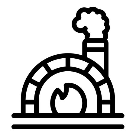 Traditional brick oven burning wood with smoke coming from chimney, simple black and white line art iconのイラスト素材