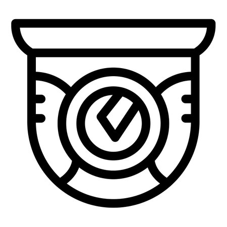 Bold line icon of a security camera with a check mark, indicating that it is switched on and recordingのイラスト素材