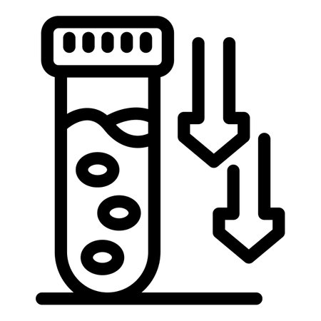 Medical icon of a blood test tube showing low levels with red blood cells and down arrowsのイラスト素材