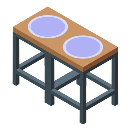 Double dog bowl standing on a wooden table with metal legs for pet food, isometric iconのイラスト素材