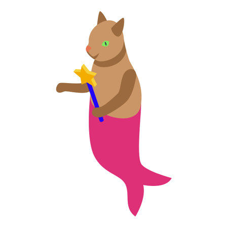 Adorable brown cat mermaid with pink tail holding magic wand isometric icon isolated on white backgroundのイラスト素材
