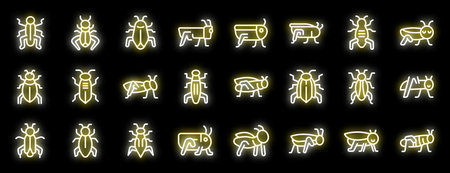 Collection of different grasshopper icons with neon effect glowing on black backgroundのイラスト素材