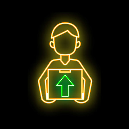 Neon sign icon of a delivery man holding a cardboard box with an up arrowのイラスト素材