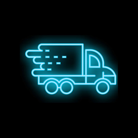 Bright blue neon truck is speeding from left to right against a dark backgroundのイラスト素材