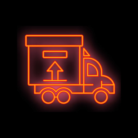 Red glowing neon icon of a delivery truck shipping cargo moving upのイラスト素材