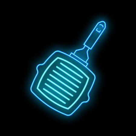 Blue neon sign of a grill pan glowing on a black backgroundのイラスト素材