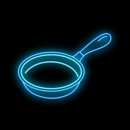 Blue neon sign depicting a frying pan glowing on a black backgroundのイラスト素材